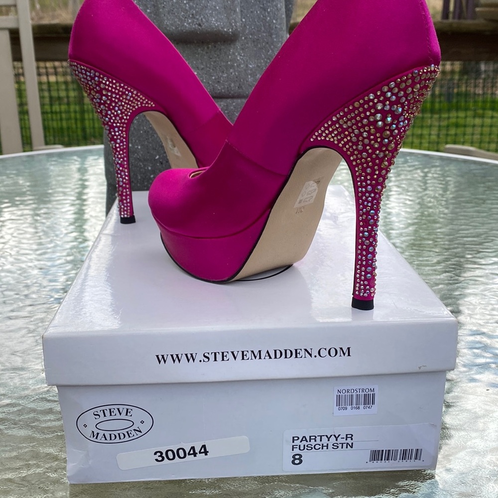 Steve Madden Fuchsia Satin Heels with Stone Embellished Heels.